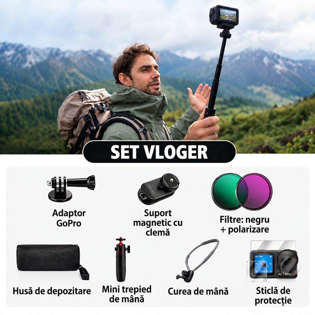 Cameră sport 4K 60FPS cu stabilizare avansată a imaginii, WiFi, obiectiv superangular, Action Cam impermeabilă pentru sport, călătorii și VLOG